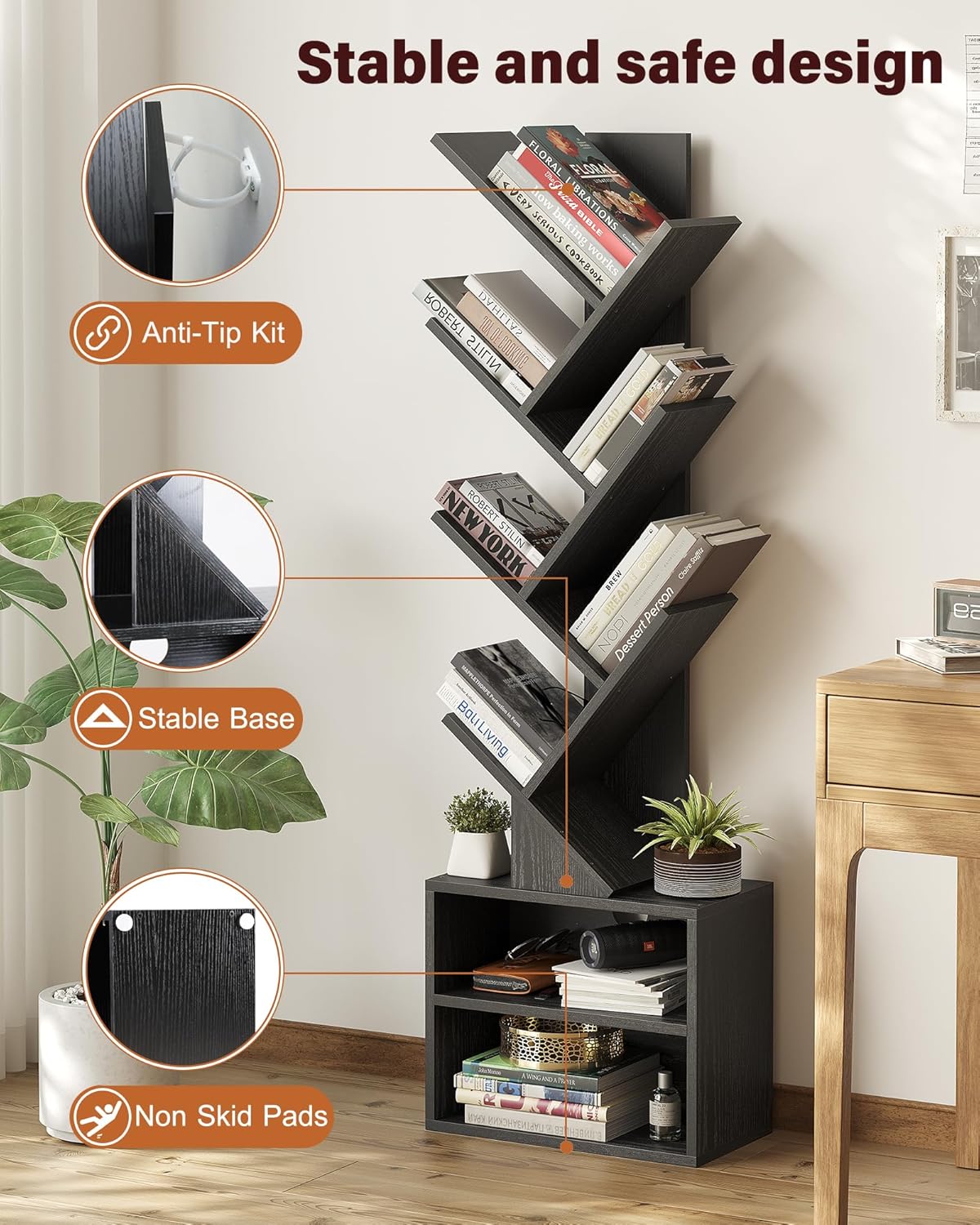 6 Tier Tree Bookshelf, Small Bookcase with Storage Cabinet, Modern Narrow Bookshelves Organizer, Floor Standing Book Shelf for Bedroom/Living Room/Home Office/Corner, Black