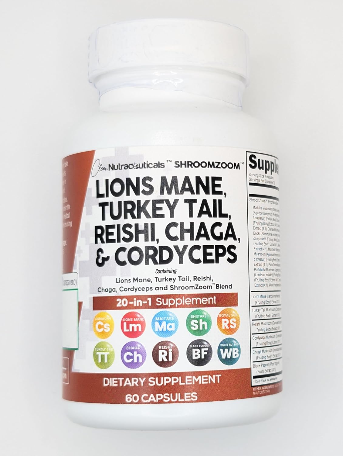 Lions Mane 20In1 Mushroom Supplement with Turkey Tail Reishi Cordyceps Chaga Maitake Meshima Poria Cocos Shiitake Oyster Porcini Enoki - 1 Pack