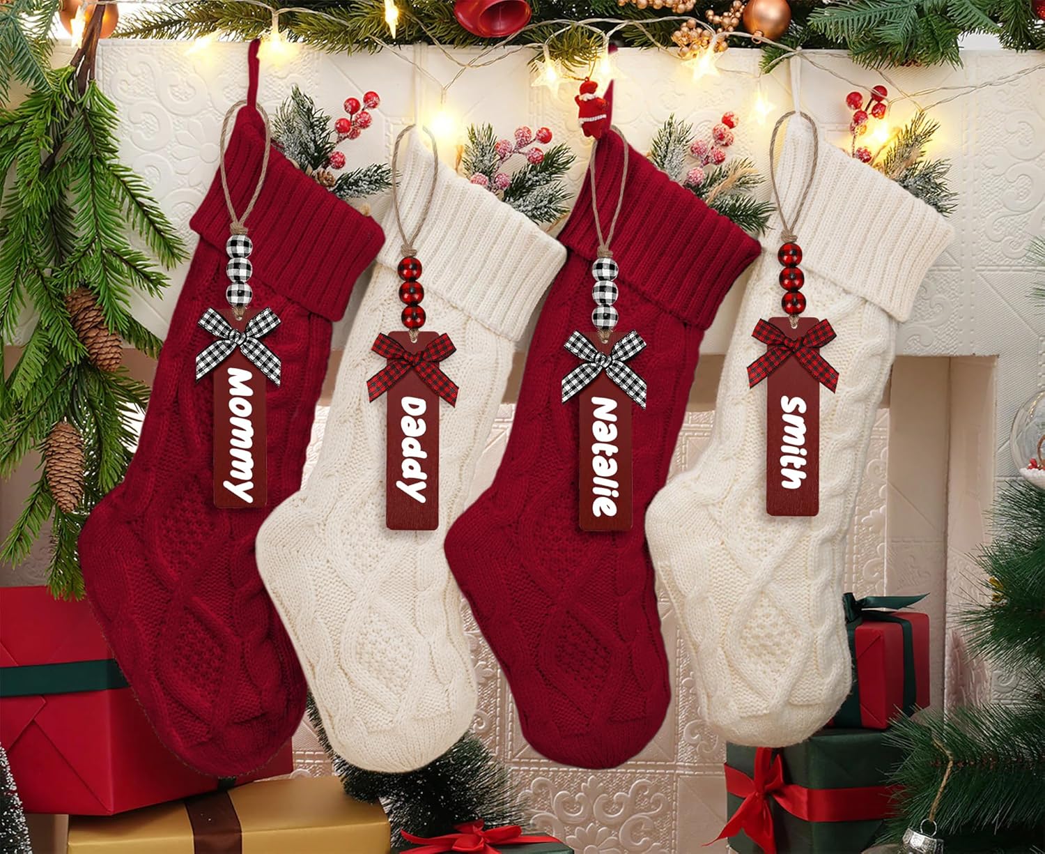 6Pack Personalized Christmas Stockings with Wooden Name Tags, 18 Inches Xmas Cable Knitted Stocking for Holiday, Hanging Decoration Gifts for Family Party(White&Red)
