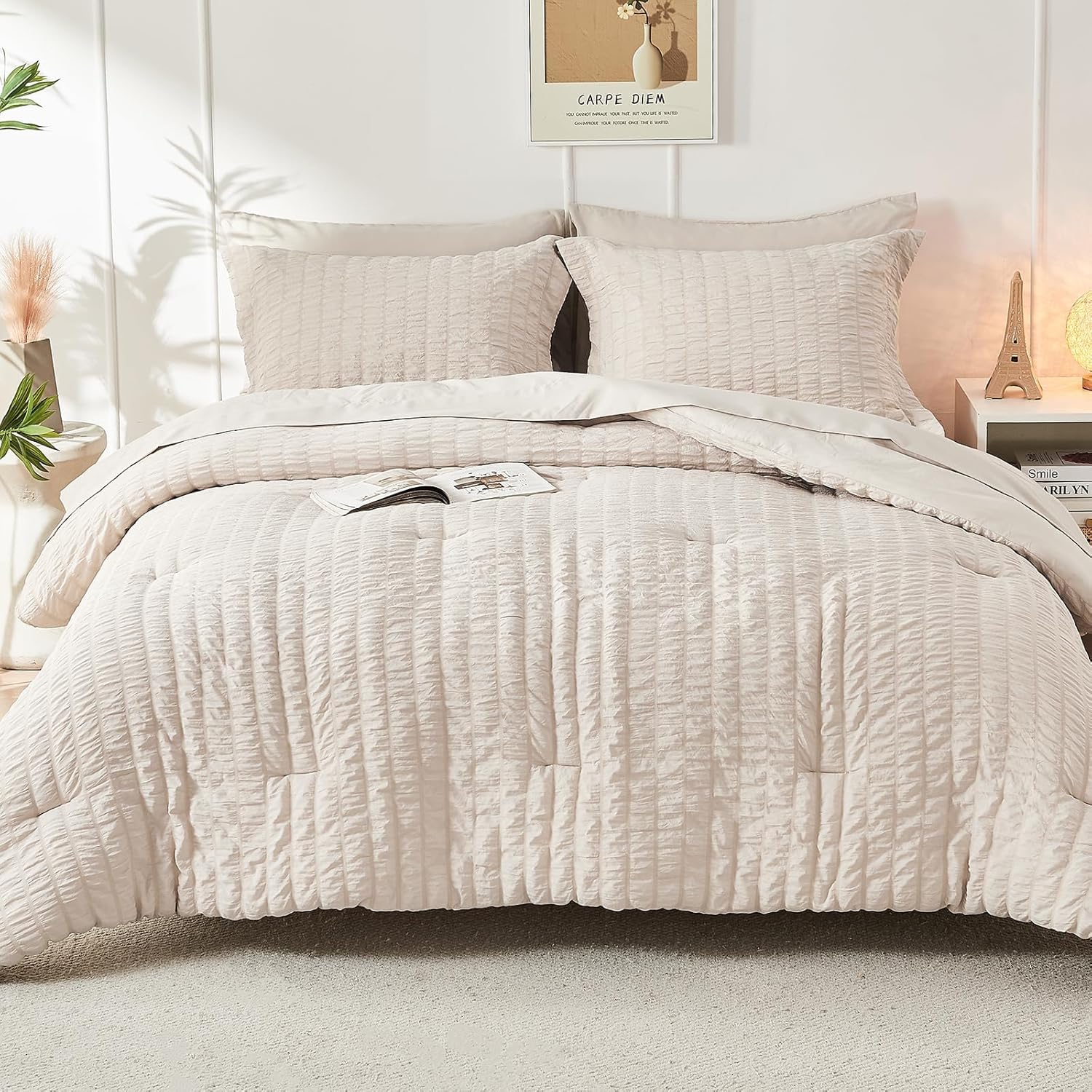 Beige Queen Comforter Set Seersucker 7 Pieces, All Season Luxury Bed in a Bag for Bedroom, Bedding Set with Comforters, Sheets, Pillowcases & Shams