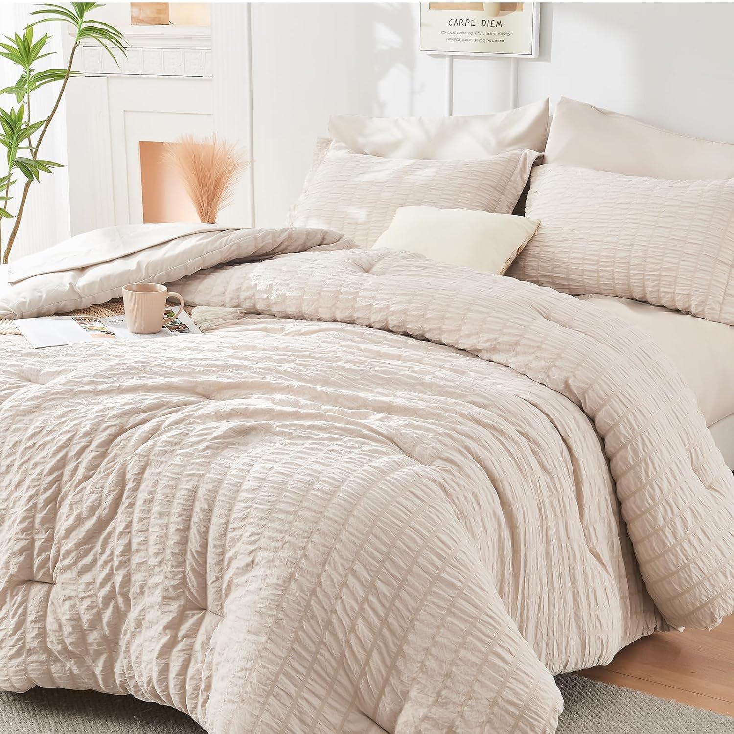 Beige Queen Comforter Set Seersucker 7 Pieces, All Season Luxury Bed in a Bag for Bedroom, Bedding Set with Comforters, Sheets, Pillowcases & Shams