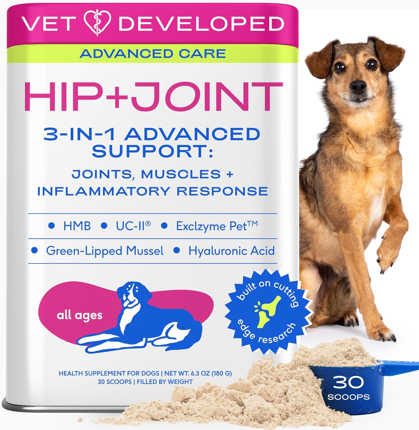 Advanced Care - Hip & Joint Supplement for Dogs - Supports Joints, Cartilage, Muscles & Anti-Inflammatory with HMB, UC-II Collagen, Green Lipped Mussel & Hyaluronic Acid - 30 Scoops