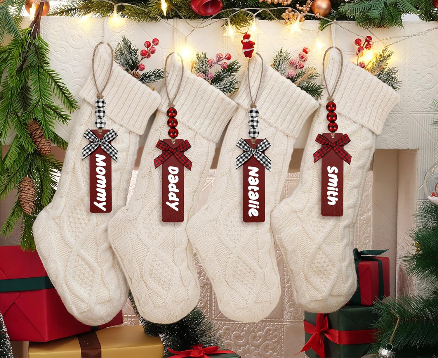 6Pack Personalized Christmas Stockings with Wooden Name Tags, 18 Inches Xmas Cable Knitted Stocking for Holiday, Hanging Decoration Gifts for Family Party(White&Red)