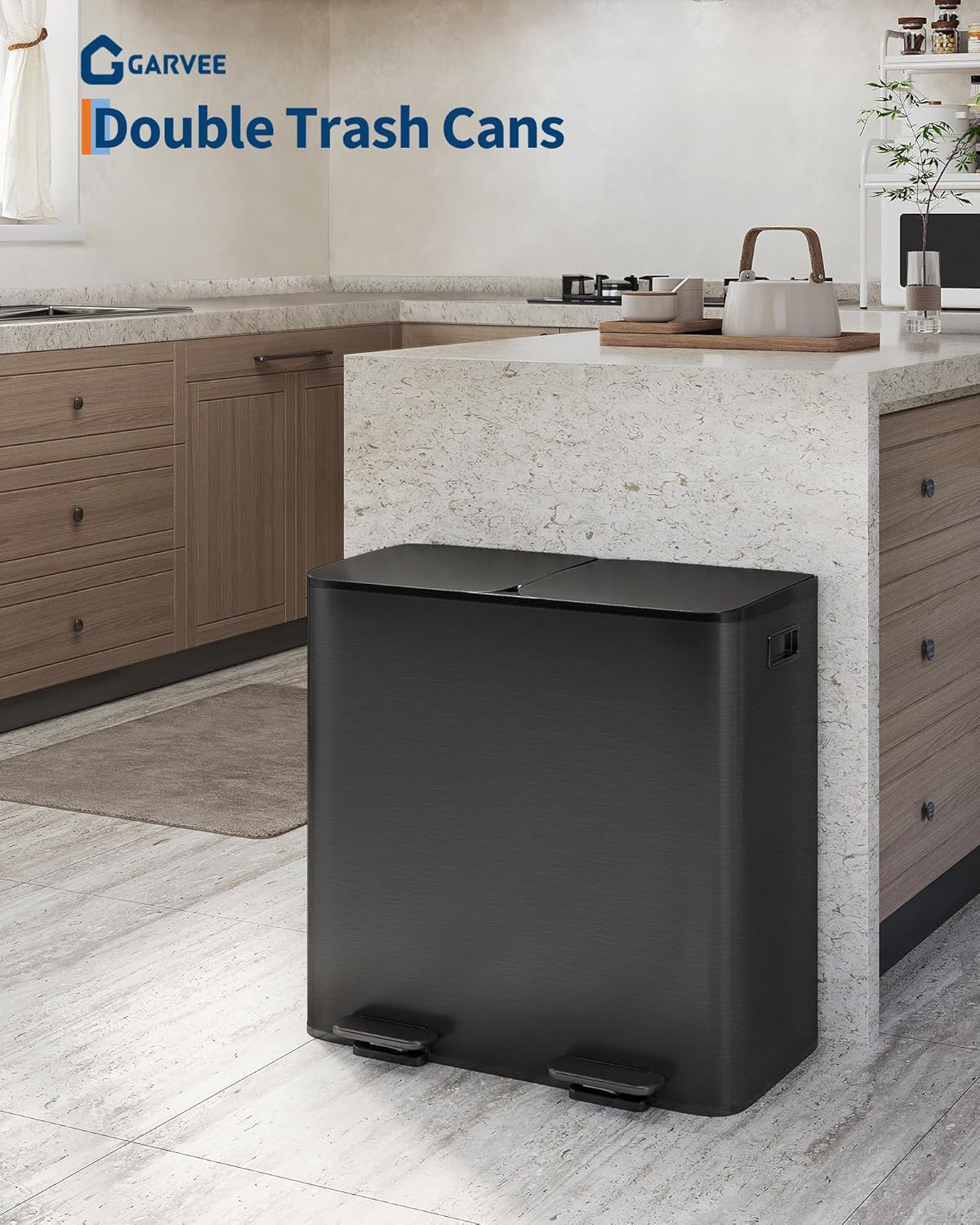 2 X 10.6 Gal Stainless Steel Double Trash Can with Lid for Kitchen, Large Dual Trash and Recycle Bin Combo, Step-On Kitchen Metal Garbage Cans, PP Inner Buckets, Liner Rim, Matte Black