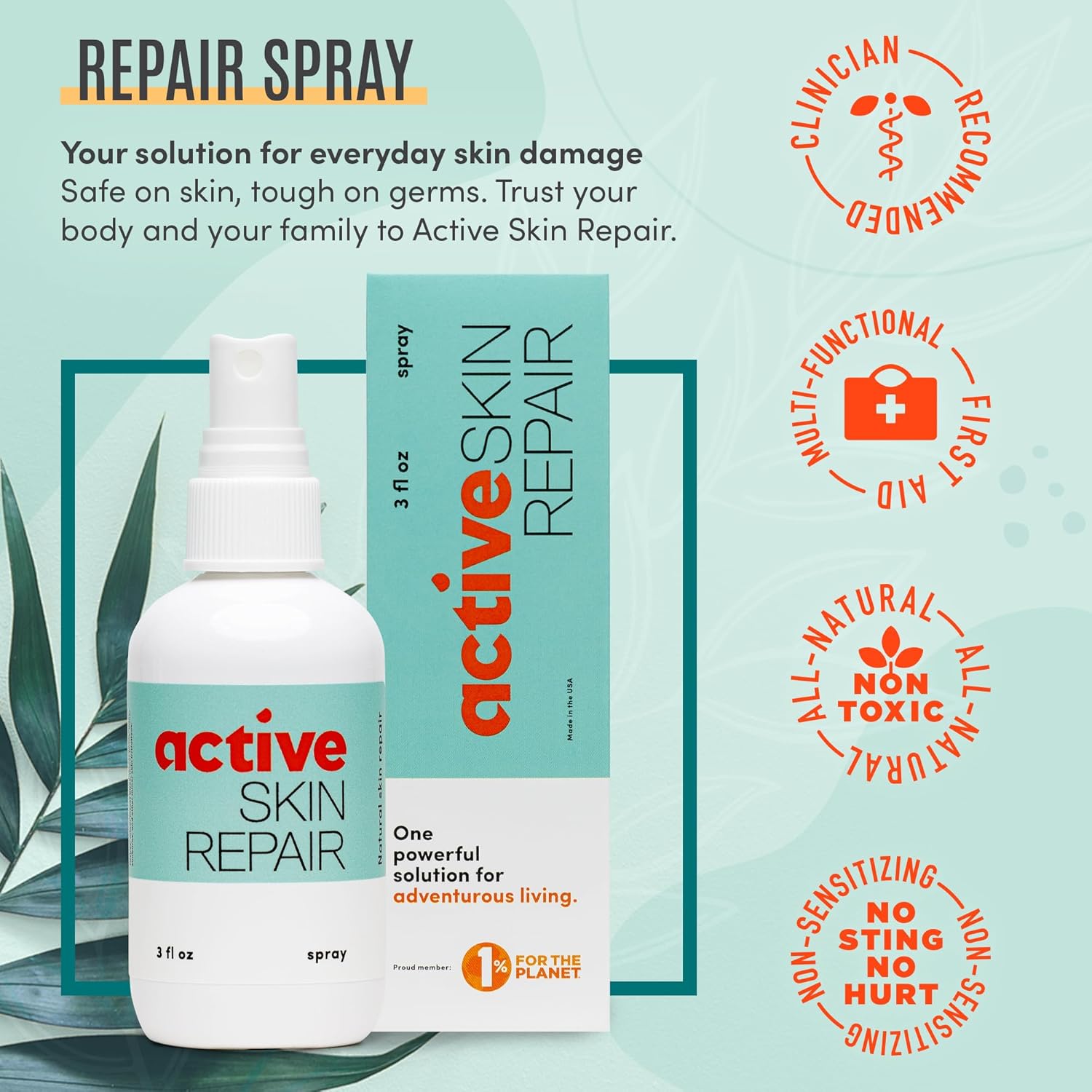 Active Skin Repair First Aid Healing Skin Spray - Natural & Non-Toxic with Hypochlorus Acid for Minor Cuts, Wounds, Scrapes, Rashes, Sunburns, & More, 3 Oz