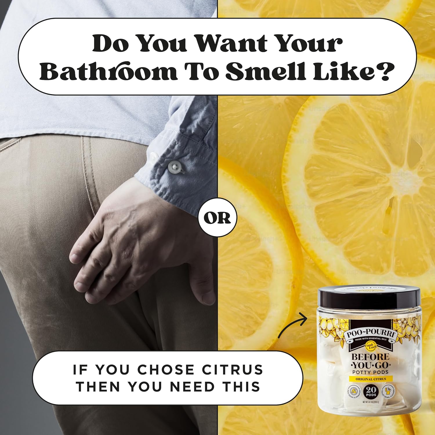 Before-You-Go 2-In-1 Toilet Potty Pods, Original Citrus, 20 Ct, Bathroom Odor Deodorizer and Toilet Cleaner with Essential Oils, Lemon, Bergamot and Lemongrass Scent