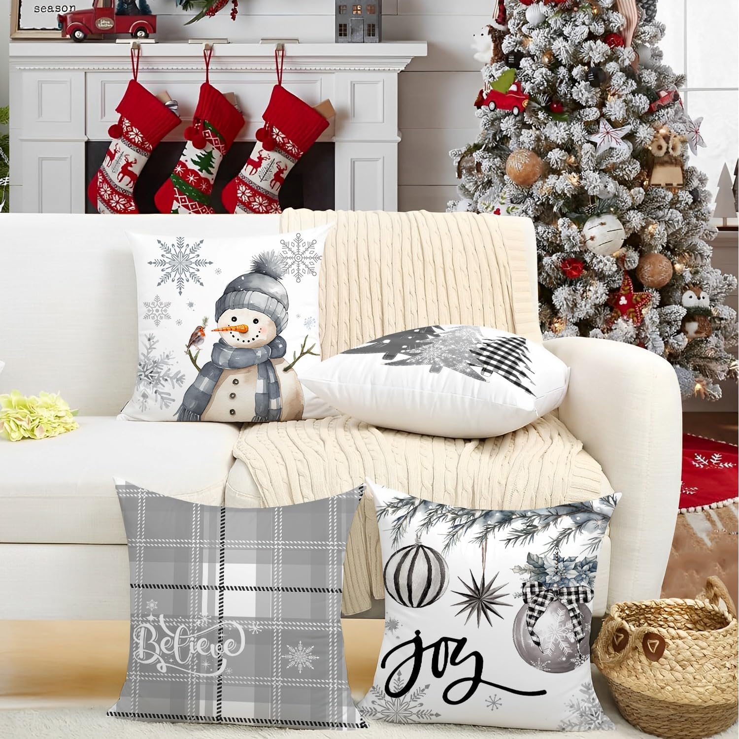 Christmas Pillow Covers 18X18 Inch Set of 4, Decorative Farmhouse Snowman Joy Believe Christmas Tree Grey Pillow Covers for Winter Holiday Home Decor Decoration