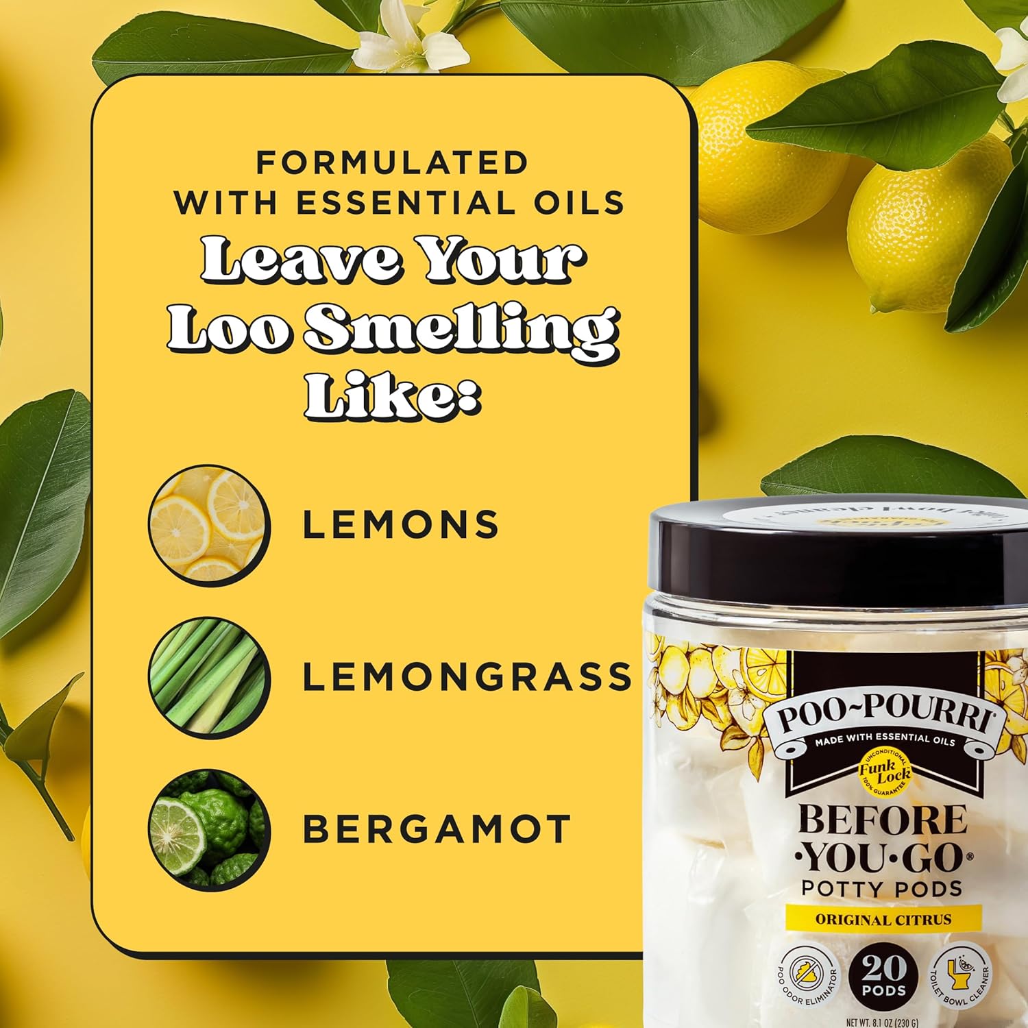 Before-You-Go 2-In-1 Toilet Potty Pods, Original Citrus, 20 Ct, Bathroom Odor Deodorizer and Toilet Cleaner with Essential Oils, Lemon, Bergamot and Lemongrass Scent