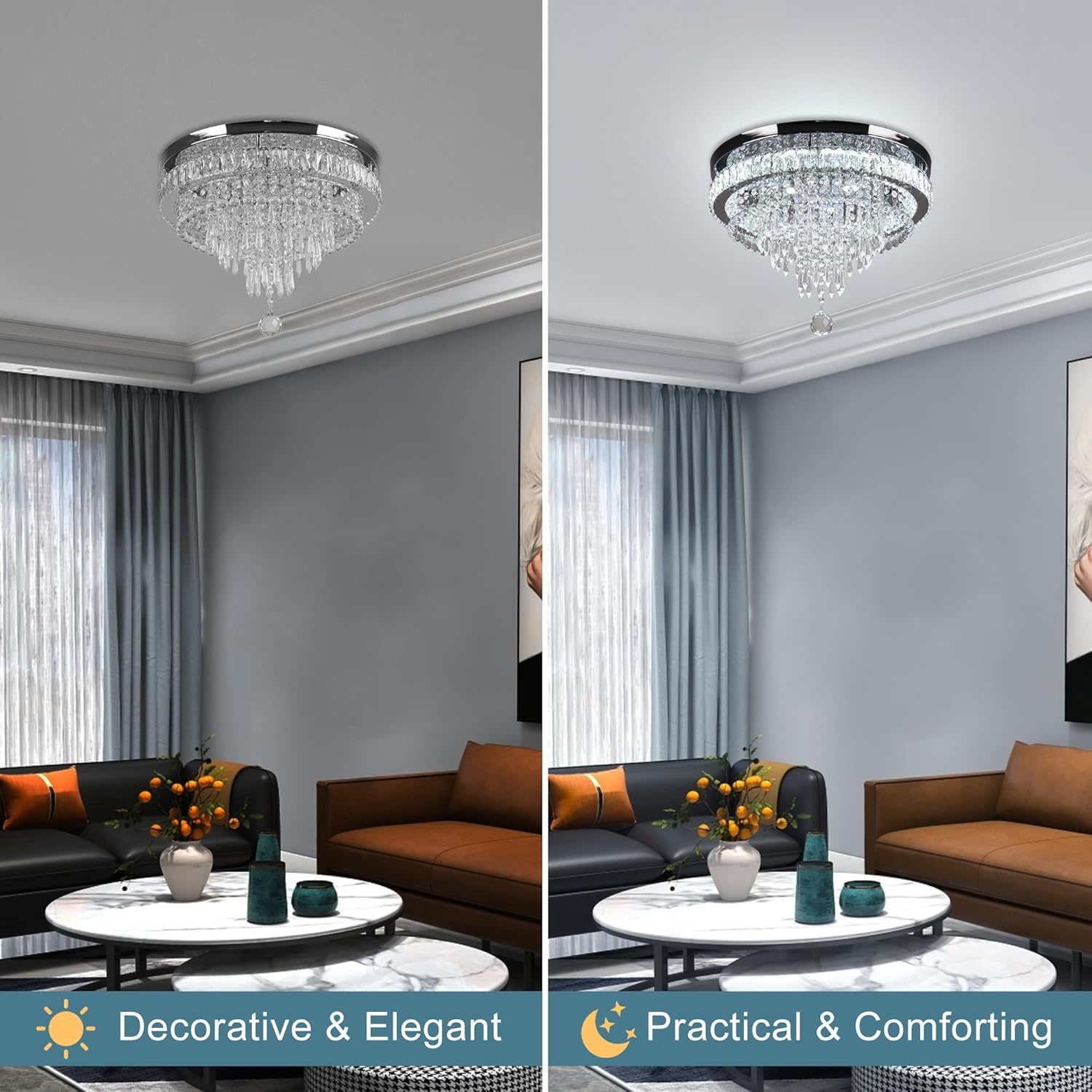 19.7" Crystal Chandeliers Crystal Ceiling Light Fixtures Modern Flush Mount Light LED Chandelier Lamp for Living Room Bedroom Dining Room 6500K Cool White