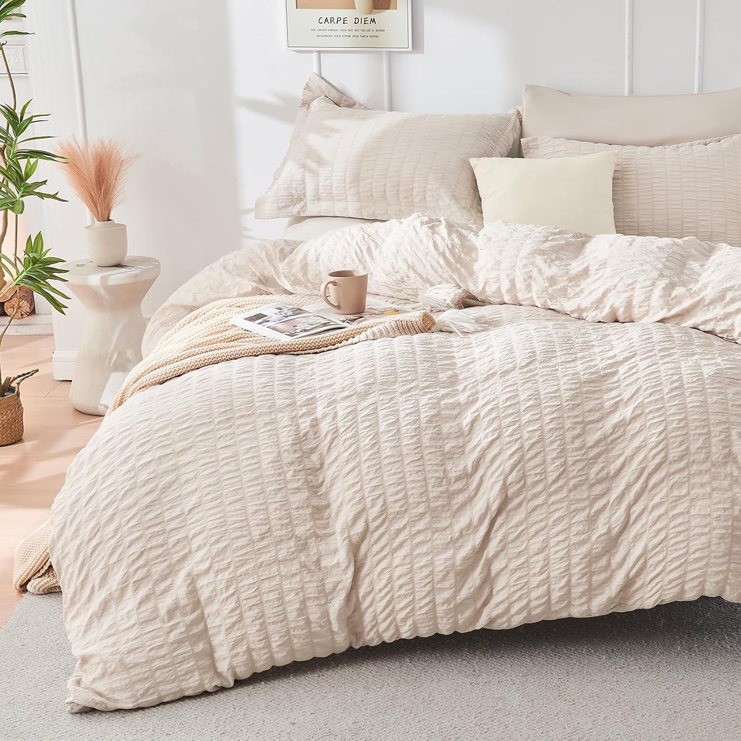 Beige Queen Comforter Set Seersucker 7 Pieces, All Season Luxury Bed in a Bag for Bedroom, Bedding Set with Comforters, Sheets, Pillowcases & Shams