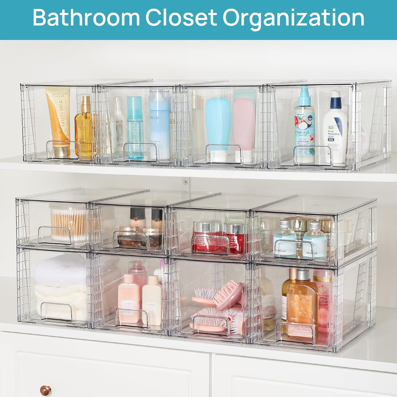 4 Pack Large Stackable Storage Drawers,Easily Assemble Acrylic Bathroom Closet Undersink Organizers and Storage,Plastic Bins for Kitchen Cabinets,Pantry,Makeup,Medicine Organization