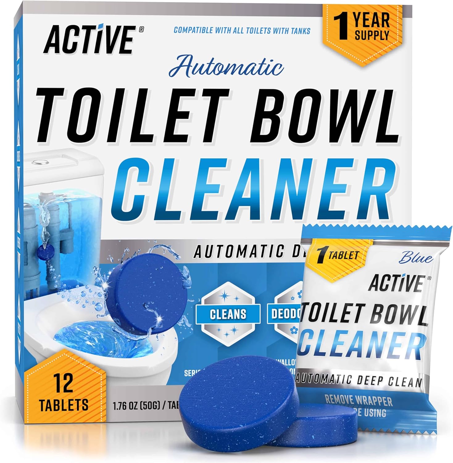 Automatic Toilet Bowl Cleaner Tablets Blue Gel Toilet Tank Cleaners, Septic-Safe Hard Water Ring Stain Remover, Smell Eliminator Heavy Duty Toilet Cleaning & Deodorizer, Fresh Scent - 12 Tabs