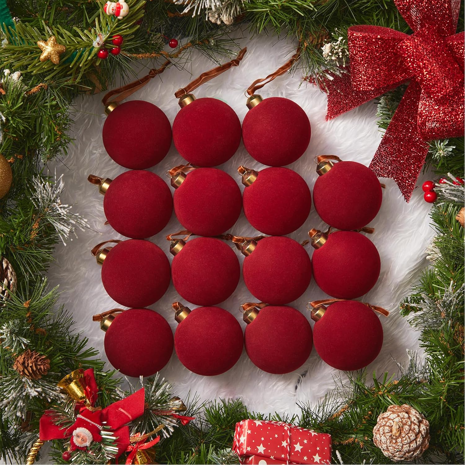 15 Pcs Red Velvet Christmas Balls, 3.15 Inch Velvet Ornaments for Christmas Tree, Christma Tree Flocked Ornaments Balls for Family Holiday Wedding Party Xmas Hanging Decoration