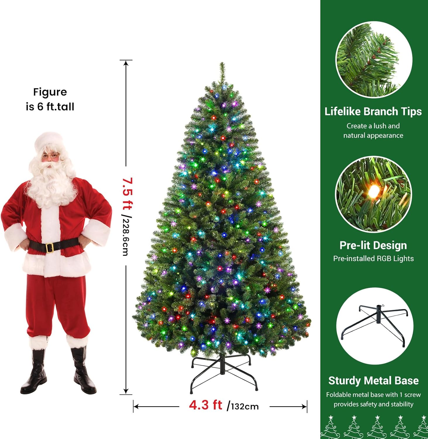 7.5Ft Prelit Artificial Classic Spruce Christmas Tree with Remote Control,470 Warm White & Multi-Color LED RGB Lights, 1264 Branch Tips,7.5 FT Perfect Choice for Home Xmas Decoration,Green