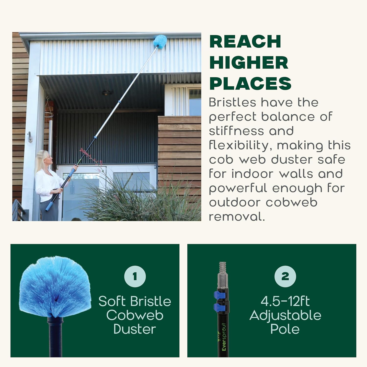 5-To-12Ft Telescoping Durable Duster with Extension Pole – Lightweight 3 Stage Cobweb Duster – Extendable to 20Ft Reach for Cleaning High Ceilings and Spider Webs