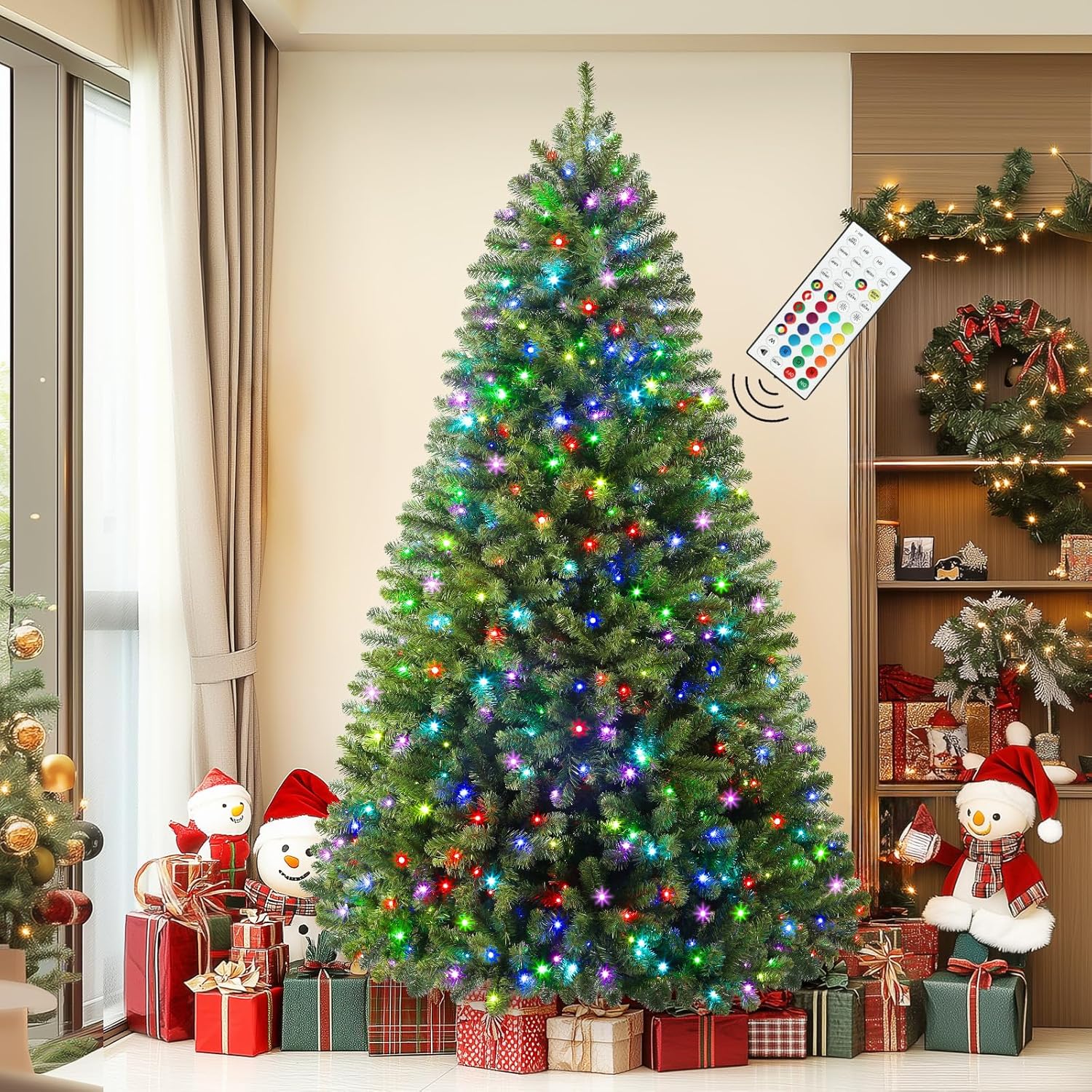 7.5Ft Prelit Artificial Classic Spruce Christmas Tree with Remote Control,470 Warm White & Multi-Color LED RGB Lights, 1264 Branch Tips,7.5 FT Perfect Choice for Home Xmas Decoration,Green