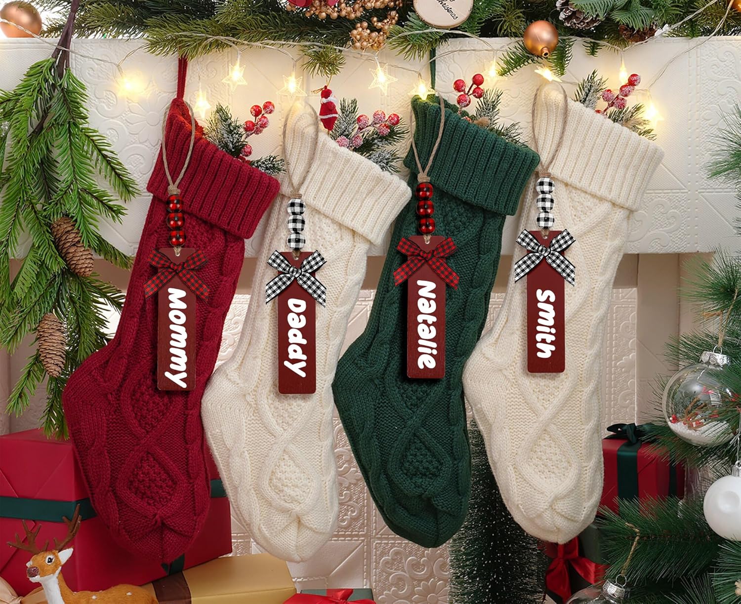 6Pack Personalized Christmas Stockings with Wooden Name Tags, 18 Inches Xmas Cable Knitted Stocking for Holiday, Hanging Decoration Gifts for Family Party(White&Red)