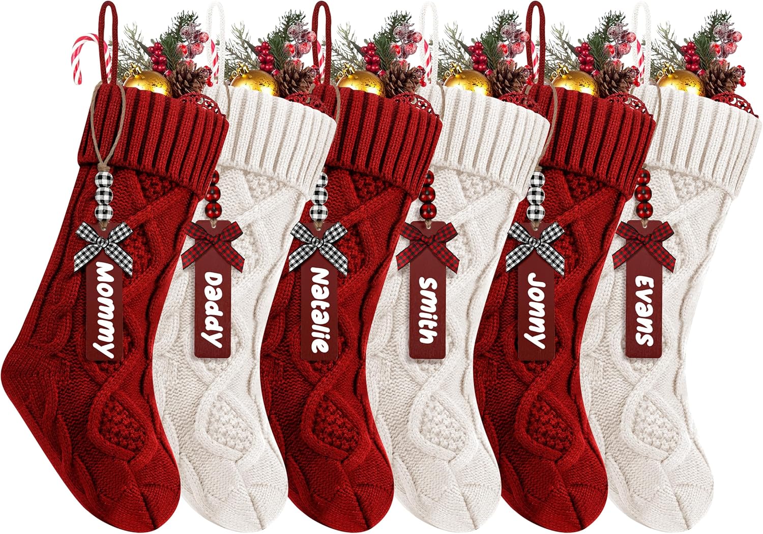 6Pack Personalized Christmas Stockings with Wooden Name Tags, 18 Inches Xmas Cable Knitted Stocking for Holiday, Hanging Decoration Gifts for Family Party(White&Red)