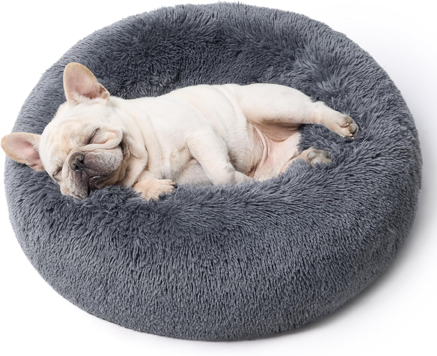 Calming Dog Bed for Medium Dogs - Donut Washable Medium Pet Bed, 30 Inches Anti-Slip round Fluffy Plush Faux Fur Cat Bed, Fits up to 45 Lbs Pets, Dark Grey
