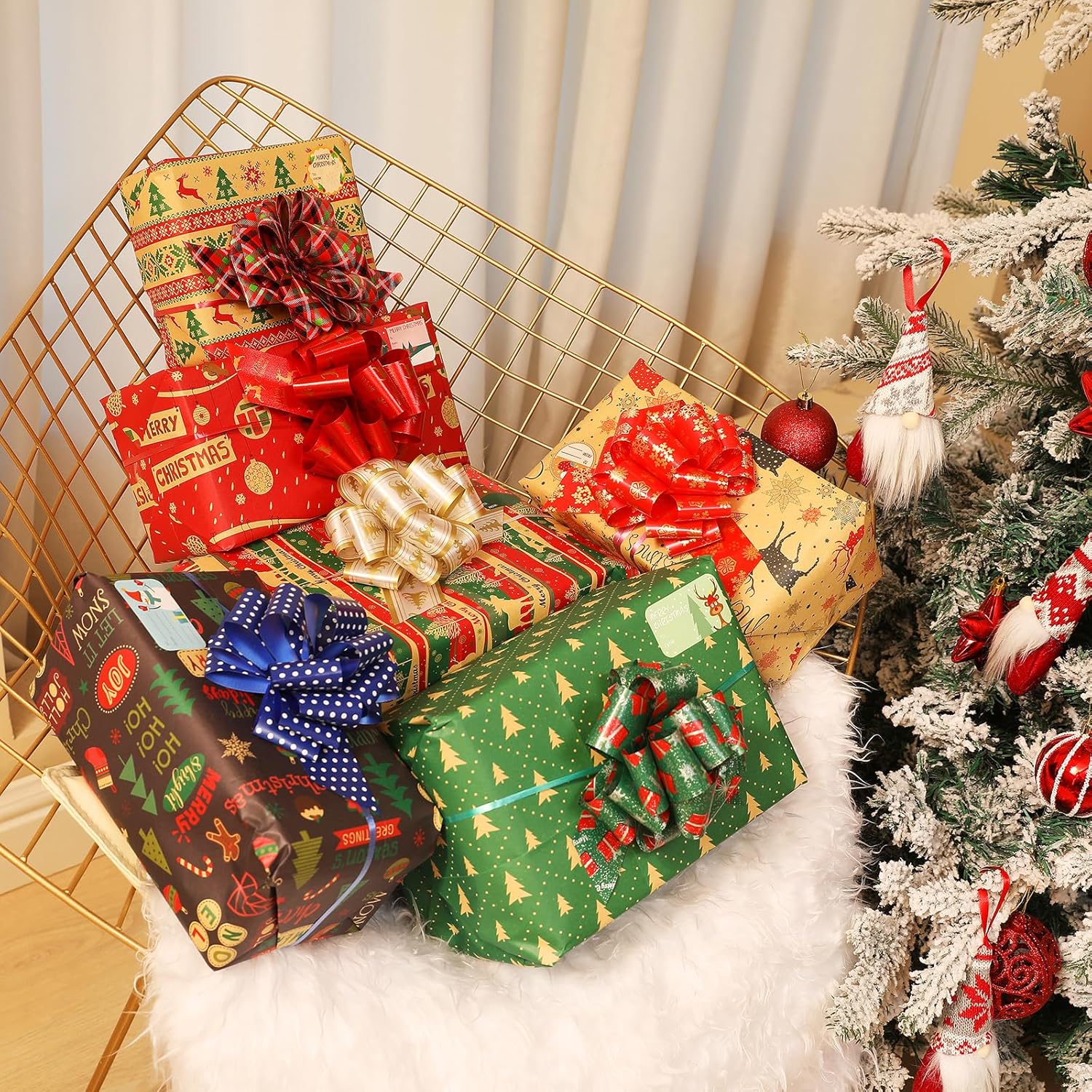 24PCS Christmas Bows for Gift Wrapping, 5” Xmas Pull Bows with Ribbon Wrap Accessory for Present, Florist, Bouquet, Hamper, Basket Decor, Easy to Assemble