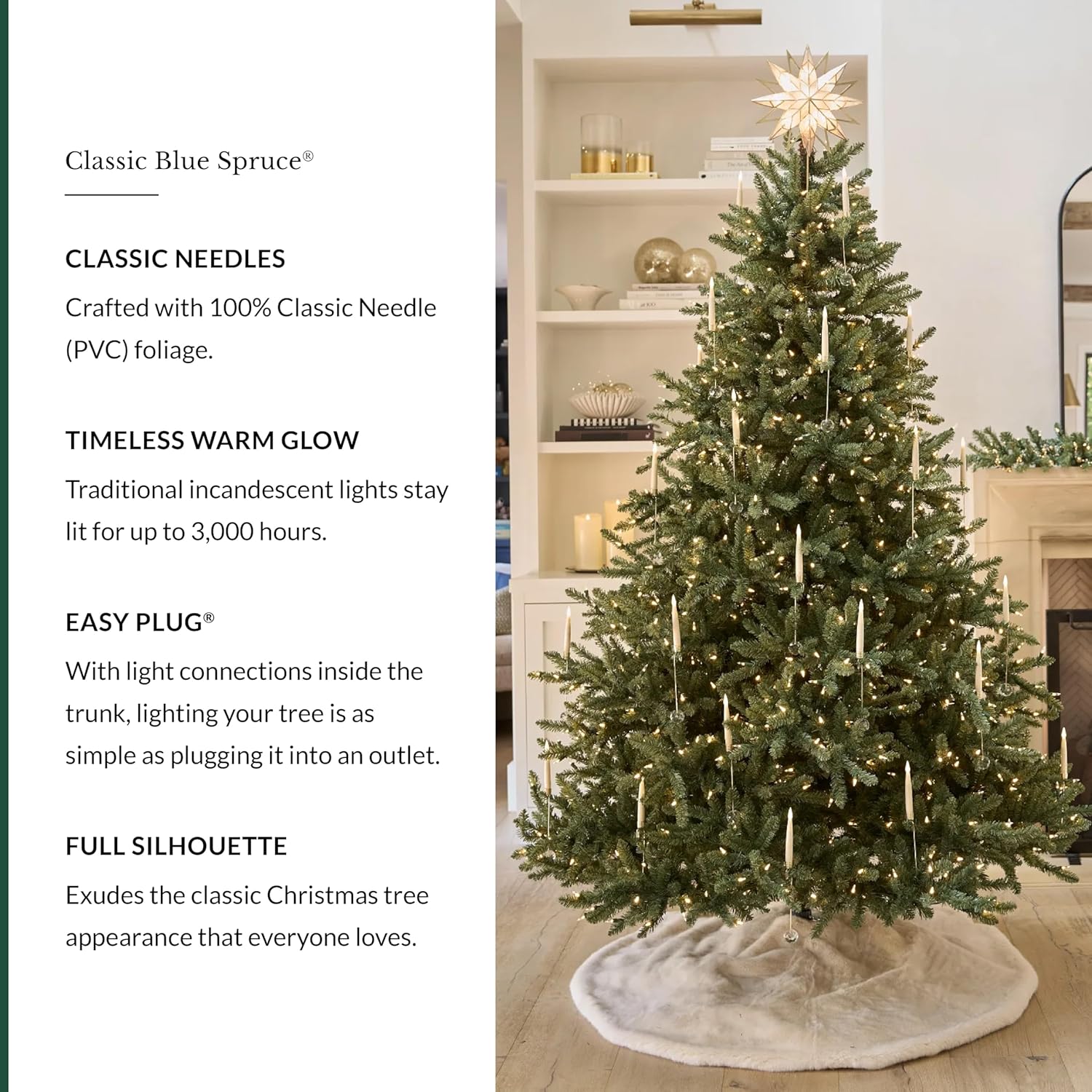 7.5Ft Pre-Lit Classic Blue Spruce - Artificial Christmas Tree with 1000 Clear Incandescent Lights, Easy Plug Technology, Premium Stand & Storage Bag for Indoor Holiday Decorating