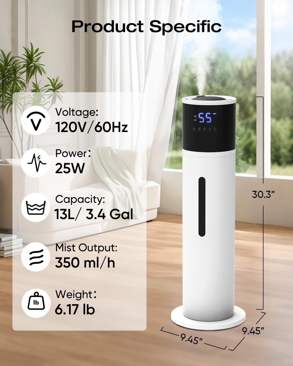 13L Humidifier Large Room, 100H Runtime 28 Db Quiet Cool Mist Air Humidifier for Bedroom, Baby Nursery, Living Room