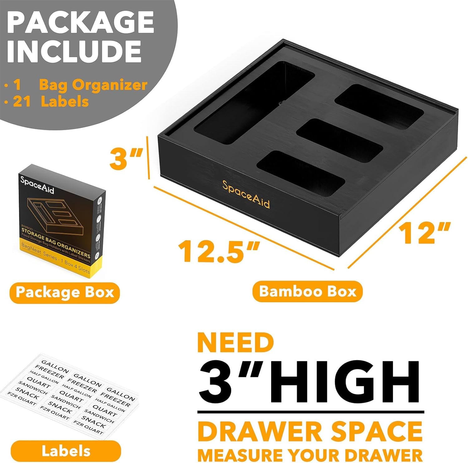 Bag Storage Organizer for Kitchen Drawer, Bamboo Organizer, Compatible with Gallon, Quart, Sandwich and Snack Variety Size Bag (1 Box 4 Slots), Black
