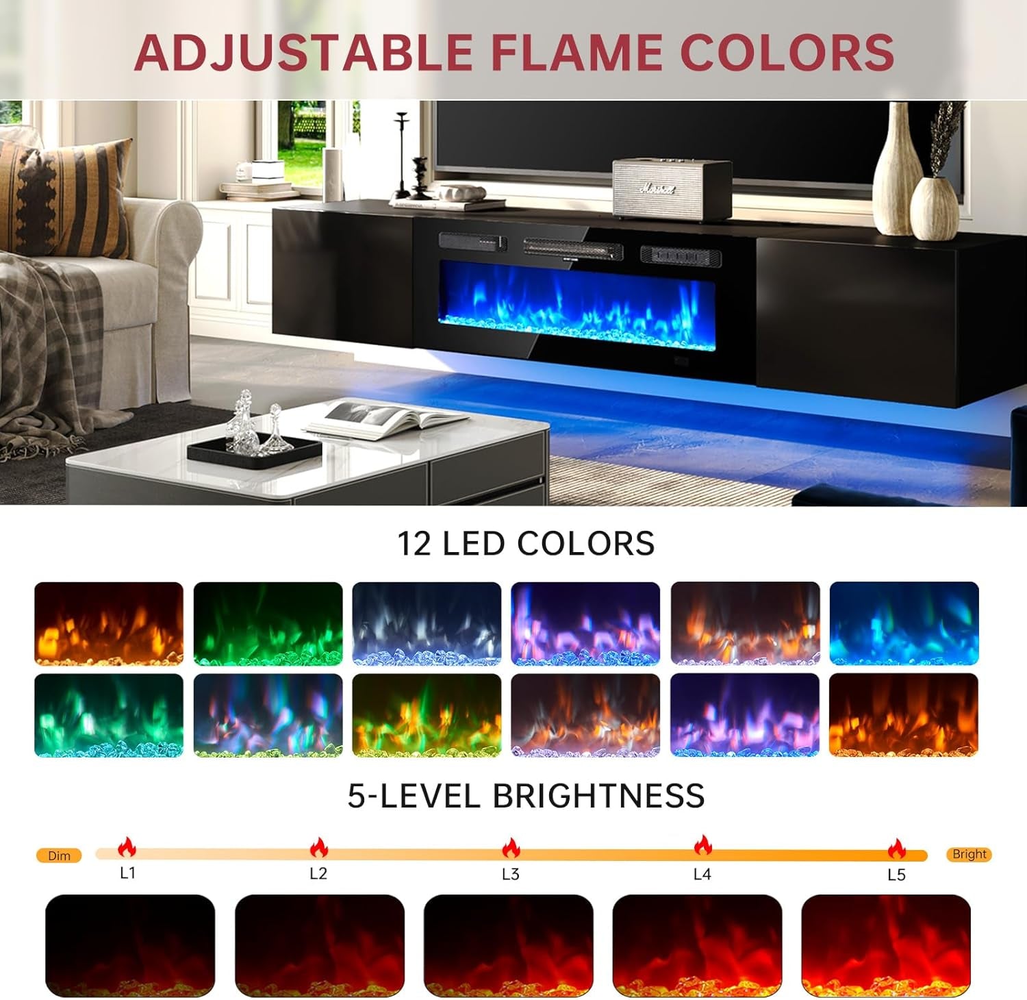70" Floating TV Stand with 36" Electric Fireplace, Wall Mounted Fireplace Entertainment Center with Storage, Fire Place TV Console for Living Room, All Black