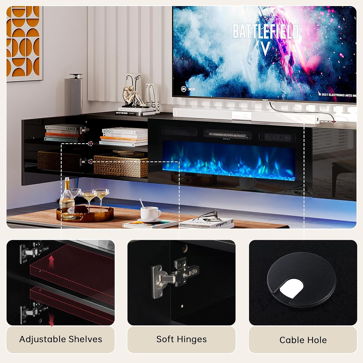 70" Floating TV Stand with 36" Electric Fireplace, Wall Mounted Fireplace Entertainment Center with Storage, Fire Place TV Console for Living Room, All Black