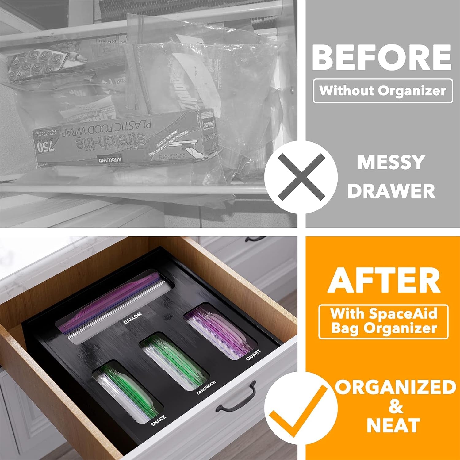 Bag Storage Organizer for Kitchen Drawer, Bamboo Organizer, Compatible with Gallon, Quart, Sandwich and Snack Variety Size Bag (1 Box 4 Slots), Black