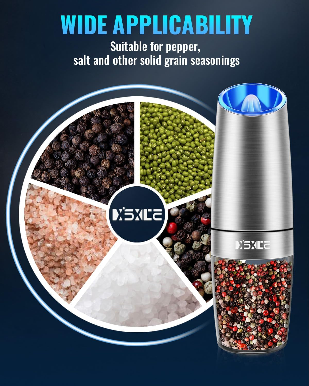 Gravity Electric Pepper and Salt Grinder Set, Salt/Pepper Mill & Adjustable Coarseness, Battery Powered with LED Light, One Hand Automatic Operation, (Set/Silver)