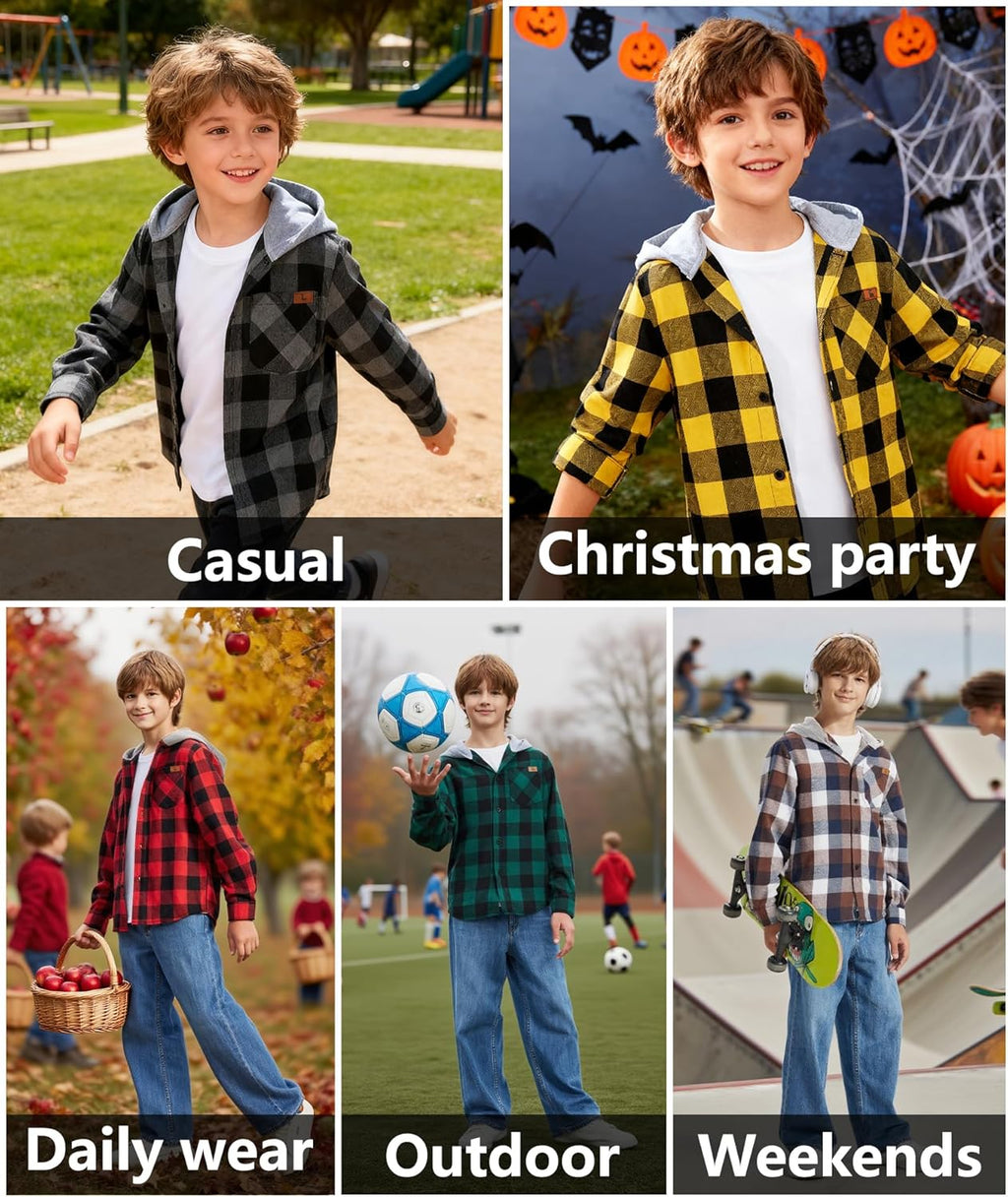 Boys Flannel Shirt with Hood Unisex Kids Long Sleeve Button down Plaid Shirts for 6-15 Years