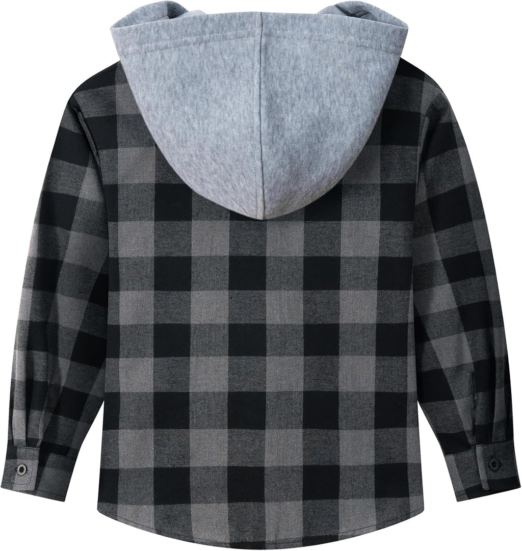 Boys Flannel Shirt with Hood Unisex Kids Long Sleeve Button down Plaid Shirts for 6-15 Years
