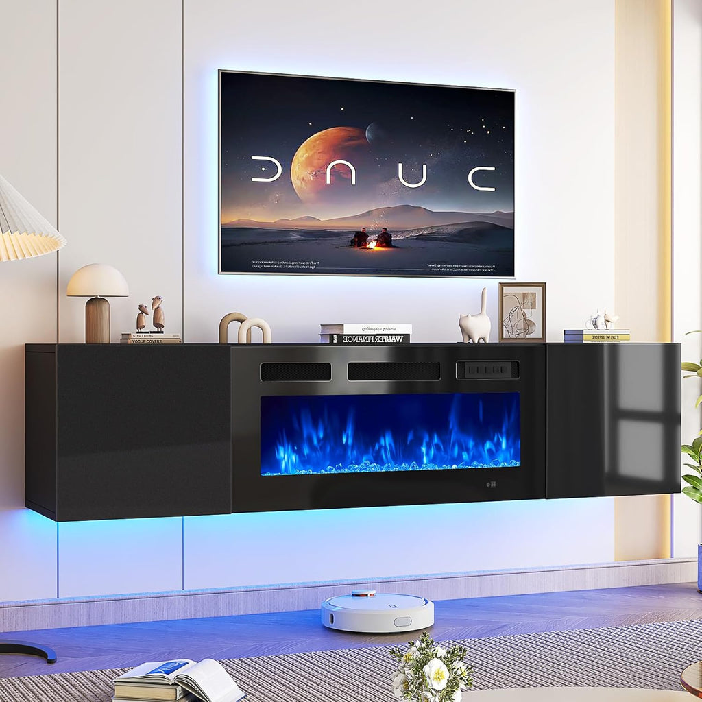 70" Floating TV Stand with 36" Electric Fireplace, Wall Mounted Fireplace Entertainment Center with Storage, Fire Place TV Console for Living Room, All Black