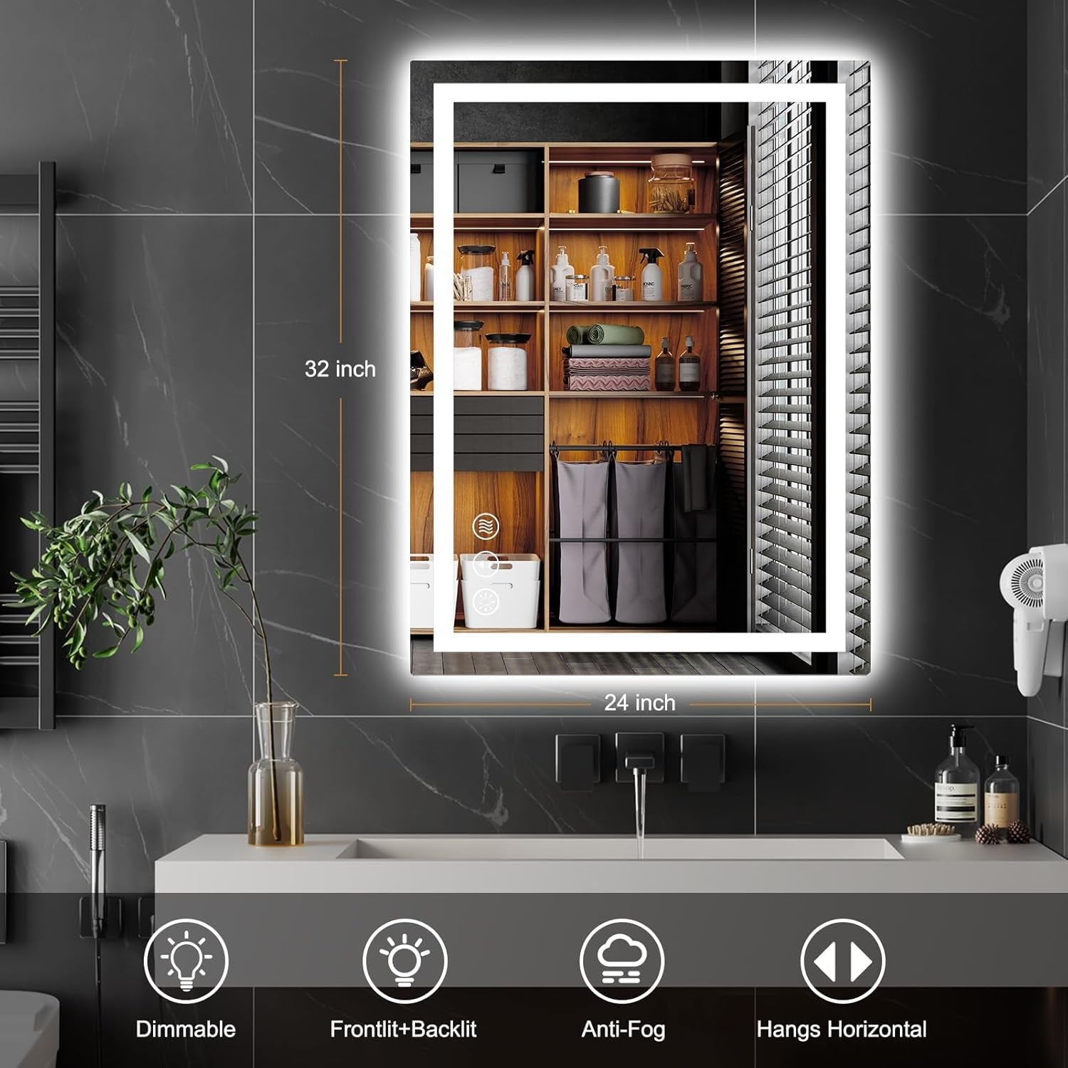 LED Bathroom Mirror with Lights, 24X32 Anti-Fog Wall-Mounted Vanity Mirror with Front and Backlight,Dimmable Bathroom Memory Function Tempered Glass Mirror ETL Listed