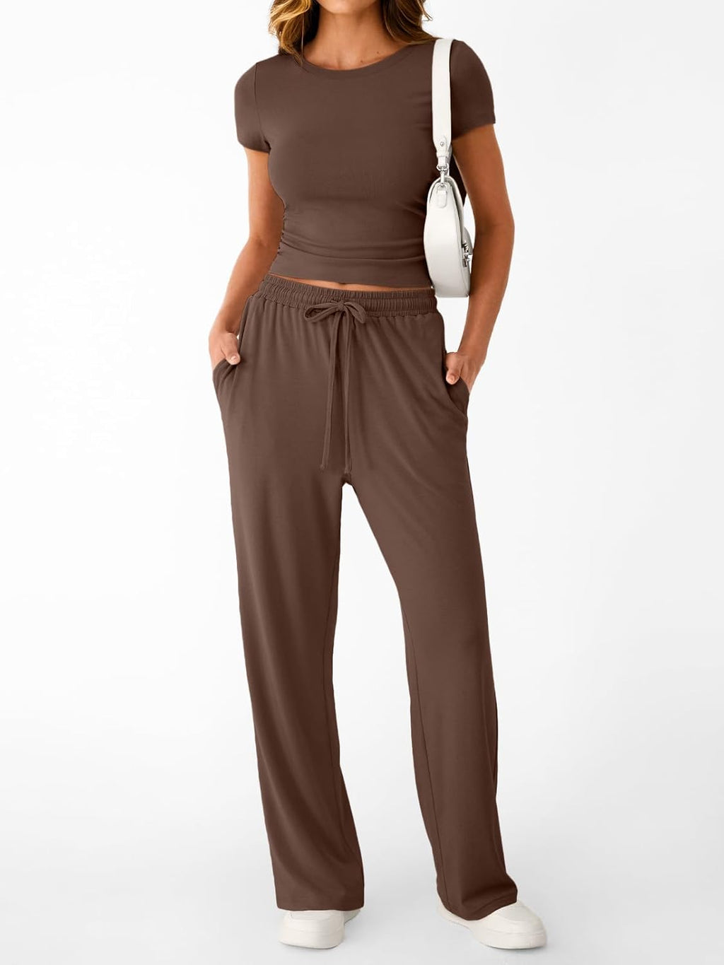 2 Piece Matching Summer Sweatsuit Lounge Set Womens Wide Leg Pants Side Ruching Crop Top Sets