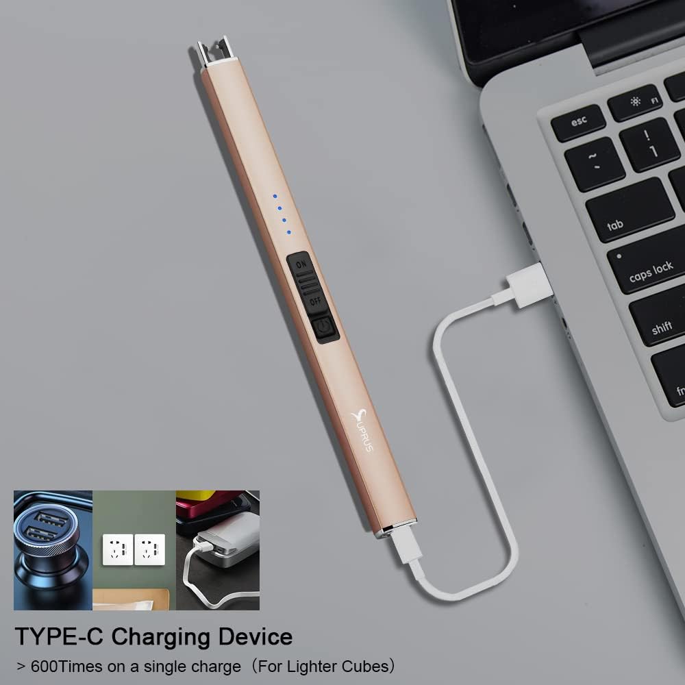 Electric Lighter Arc Windproof Flameless USB Rechargeable Lighter with Safety Lock for Candle BBQ Camping (Champagne Gold)
