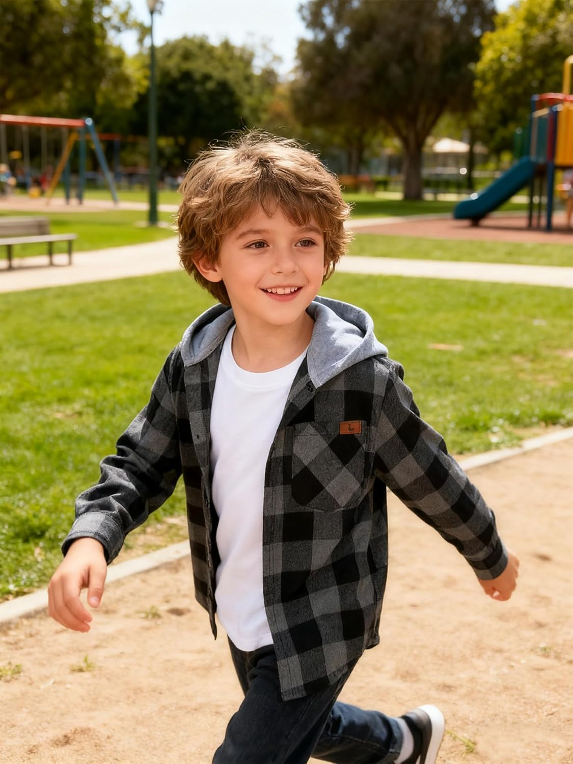 Boys Flannel Shirt with Hood Unisex Kids Long Sleeve Button down Plaid Shirts for 6-15 Years