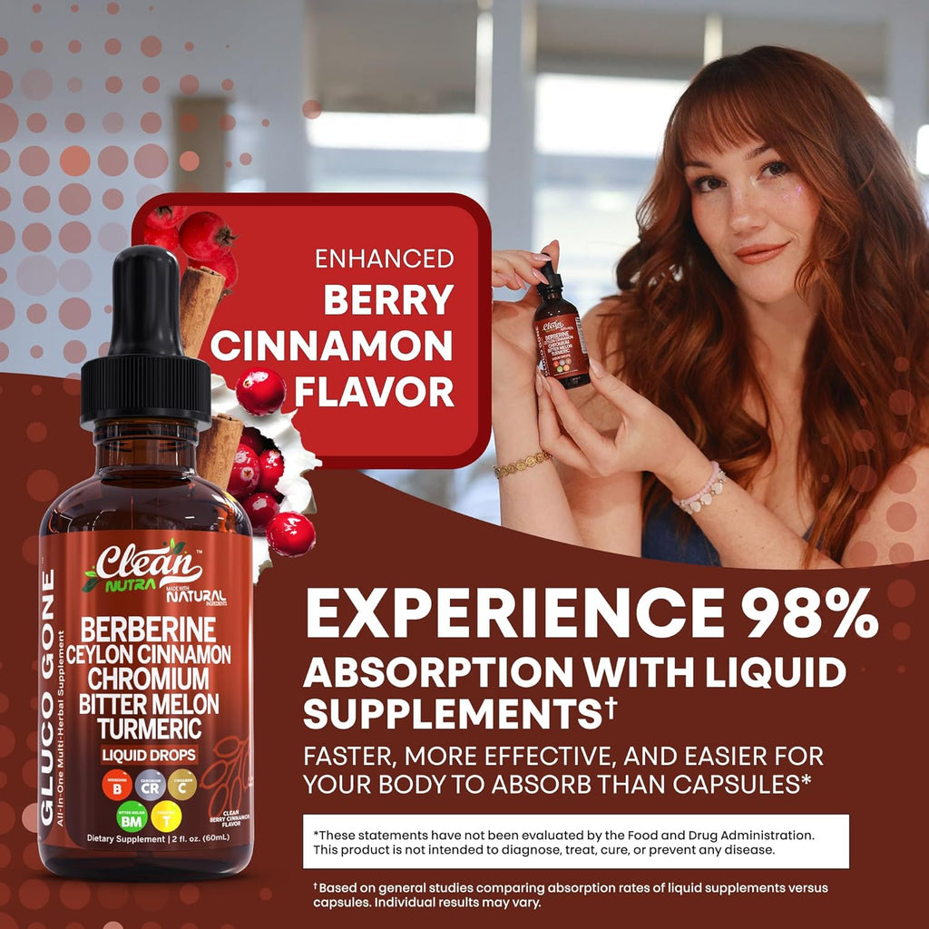 Clean Nutra Berberine with Ceylon Cinnamon Supplement Liquid Drops + Bitter Melon Extract, Glucomannan, Gymnema, Chromium, Turmeric, Organic Panax Ginseng, Moringa GLP-1 Support