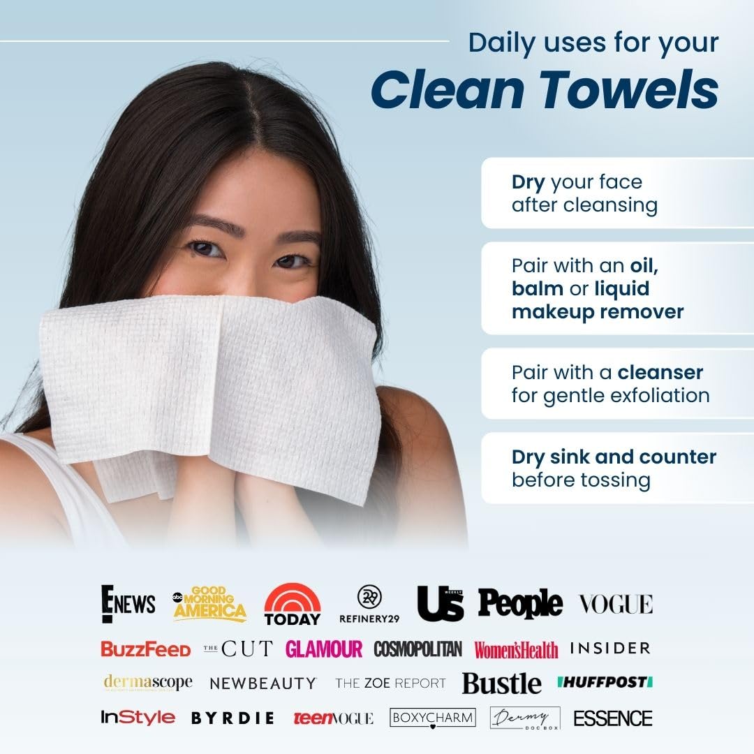 Clean Towels XL®, 100% USDA Biobased Face Towel, Disposable Face Towelette, Eczema Association Accepted, Makeup Remover Dry Wipes, Ultra Soft, 50 Ct per Pack, 2 Packs, 100 Ct Total