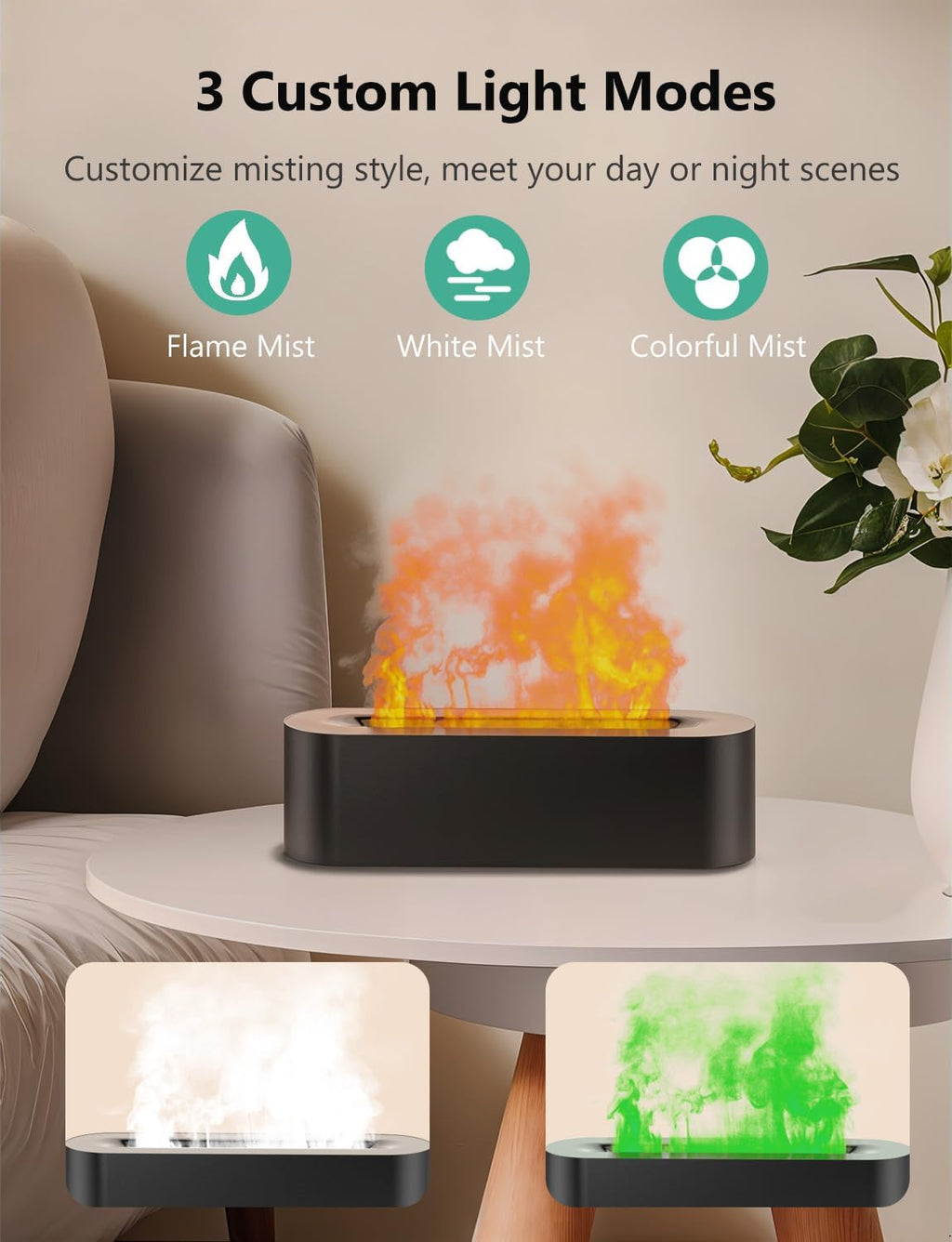 Flame Air Diffuser, Humidifier, Essential Oil Diffuser - 7 Colors, 180Ml Capacity (8 Hours), Noiseless Operation, Auto-Off Protection - Perfect for Home Bedroom Office Gifts(Black)