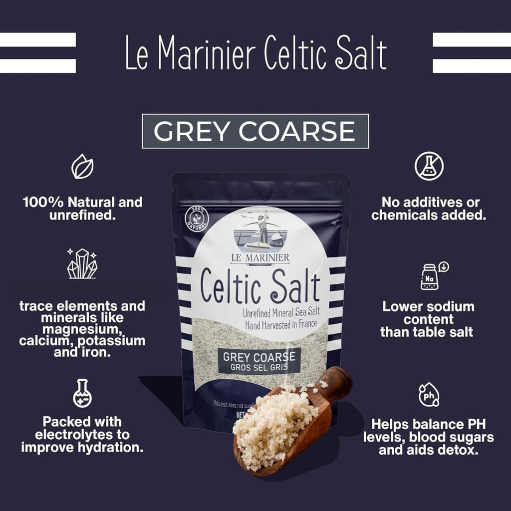 Celtic Salt Organic Grey Coarse, 1.1Lb - 18Oz. Mineral Rich 100% Natural and Unrefined French Sea Salt Organic. Hand Harvested Mineral Sea Salt, Sel Gris (1.1Lb Grey Coarse)