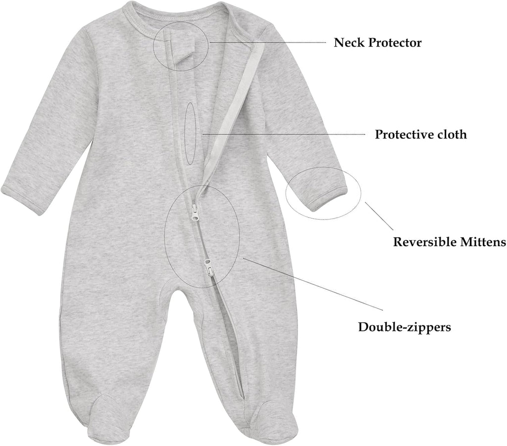 Baby Footie Pajama with Mitten Cuffs, Double Zipper Infant Cotton Clothes Sleeper Pjs, Footed Sleep Play