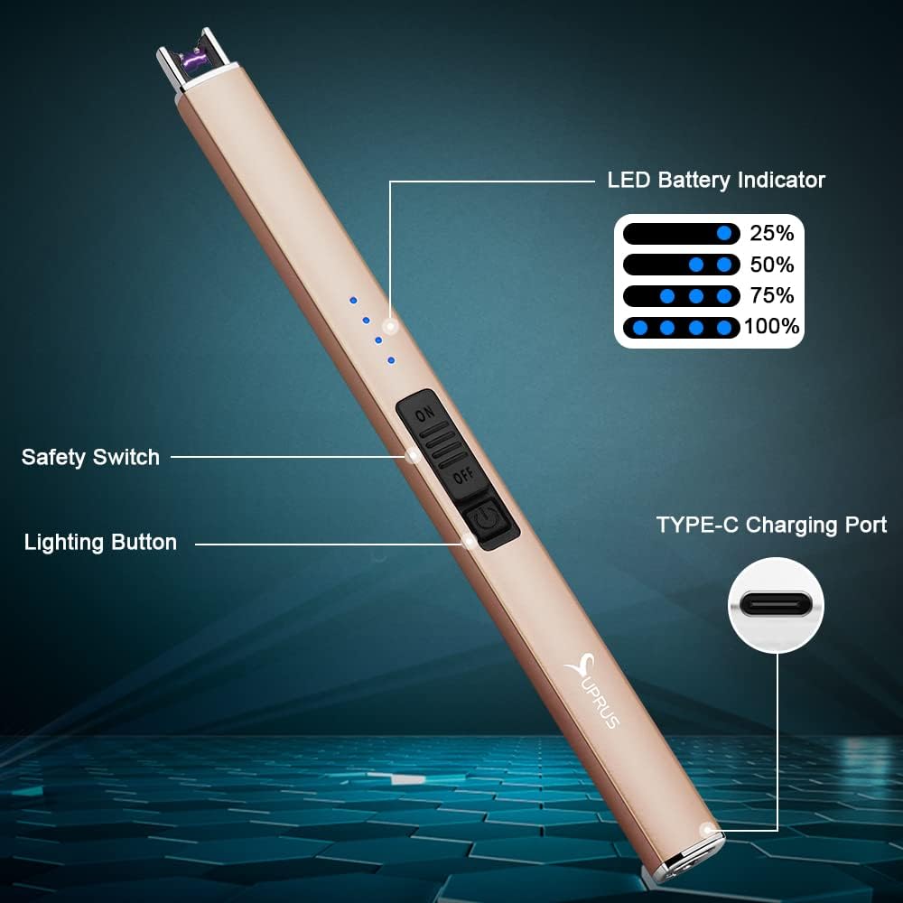 Electric Lighter Arc Windproof Flameless USB Rechargeable Lighter with Safety Lock for Candle BBQ Camping (Champagne Gold)