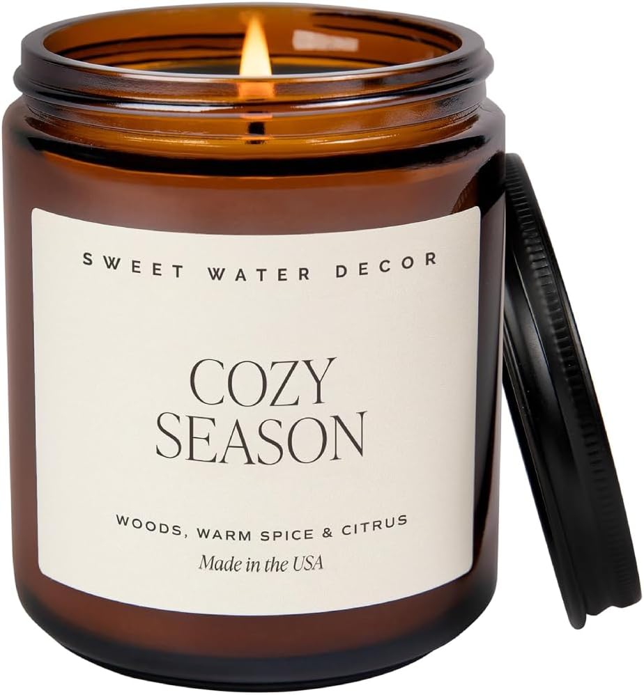 Cozy Season Soy Candles - Fall Candles with Woods, Warm Spice, and Citrus Scent for Home Decor - Soy Candle with 40 Hours Burn Time - 9Oz Black Lid Amber Jar Candles Fall Scents