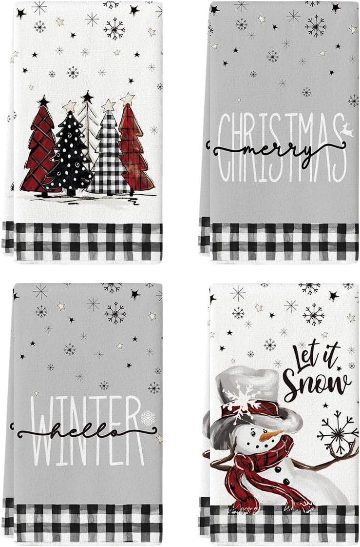 Black White Buffalo Plaid Snowman Xmas Trees Christmas Kitchen Towels Dish Towels, 18X26 Inch Daily Winter Decoration Hand Towels Set of 4