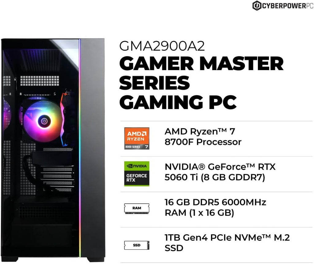 Gamer Master Gaming PC, AMD Ryzen 7 8700F 4.1Ghz, Geforce RTX 5060 Ti 8GB, 16GB DDR5, 1TB Pcie 4.0 SSD, Wifi Ready & Windows 11 Home (GMA2900A2)