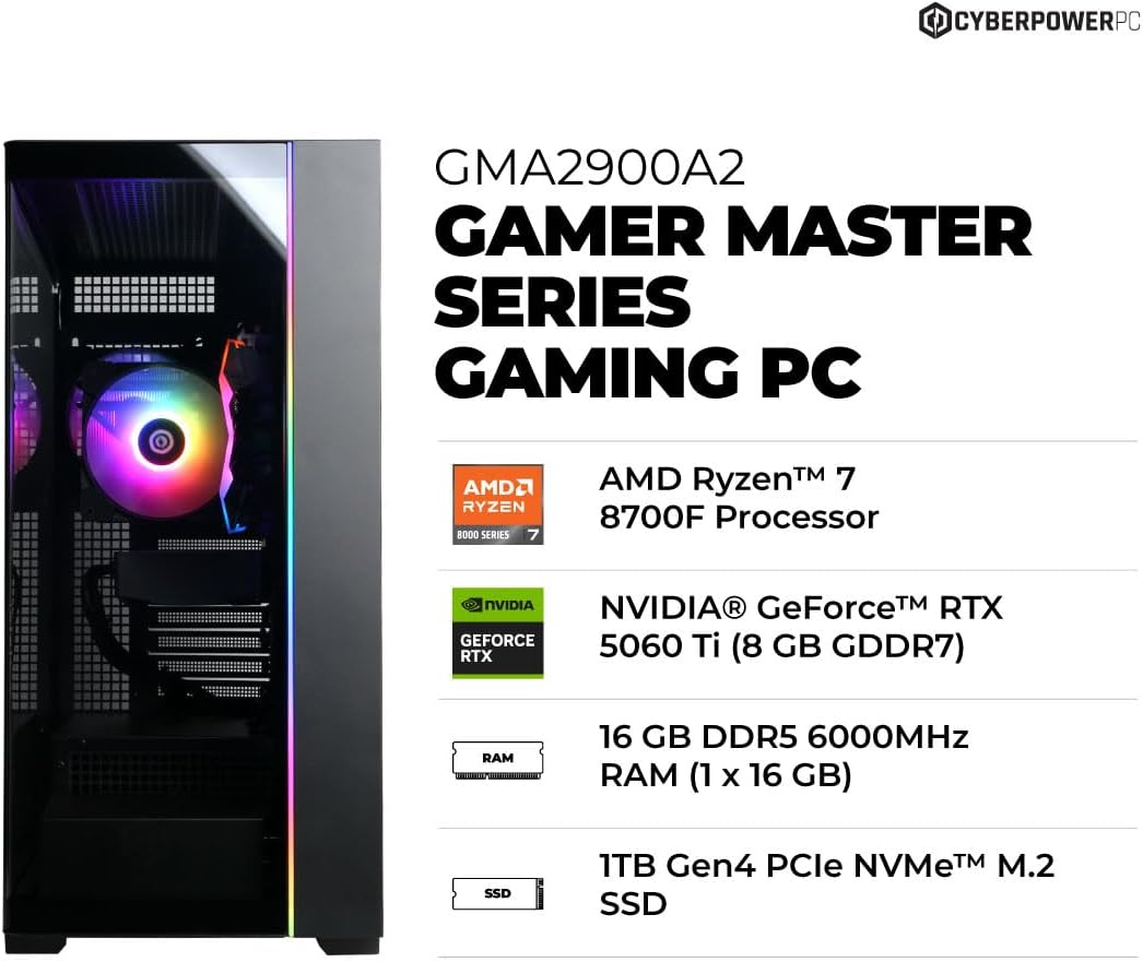 Gamer Master Gaming PC, AMD Ryzen 7 8700F 4.1Ghz, Geforce RTX 5060 Ti 8GB, 16GB DDR5, 1TB Pcie 4.0 SSD, Wifi Ready & Windows 11 Home (GMA2900A2)