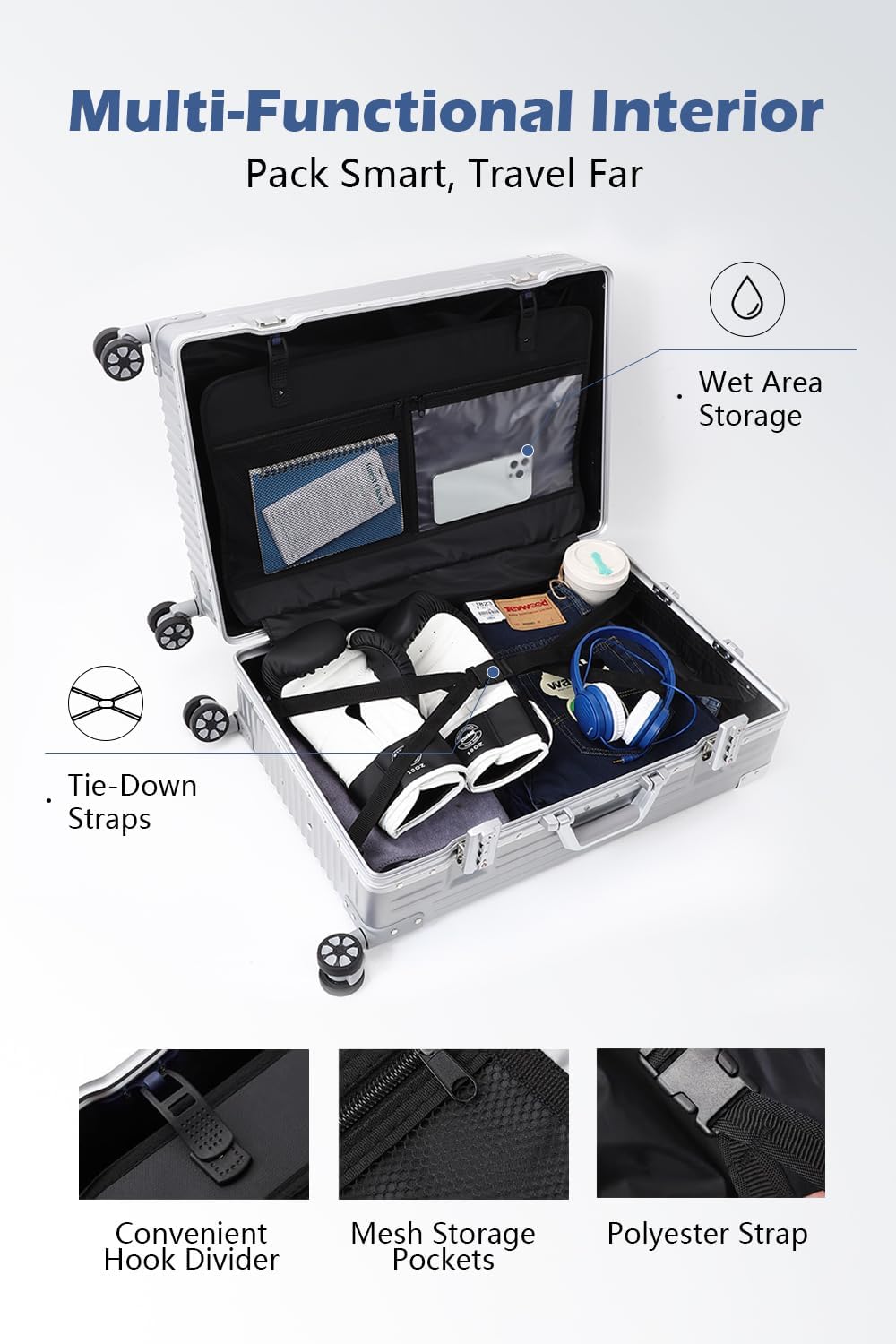 Carry on Luggage with Aluminum Frame, 20 Inch PC Hard Shell Suitcase with Spinner Wheels and TSA Locks, Lightweight Luggage for Business Travel (22X14X9 Airline Approved)