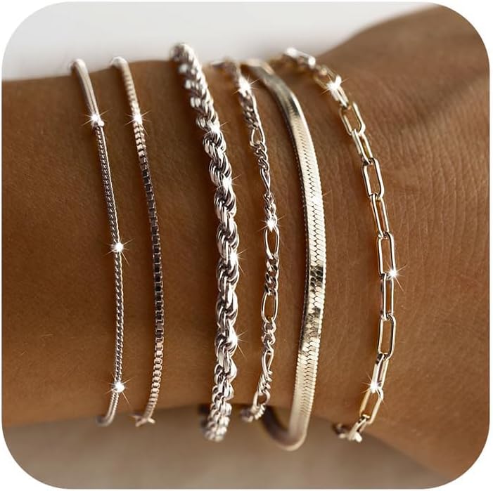 Dainty Silver Plated Bracelets for Women Trendy, Silver Jewelry Set for Women Bracelets for Women Paperclip Box Herringbone Figaro Rope Chain Bracelet Fashion Pack Gifts for Women